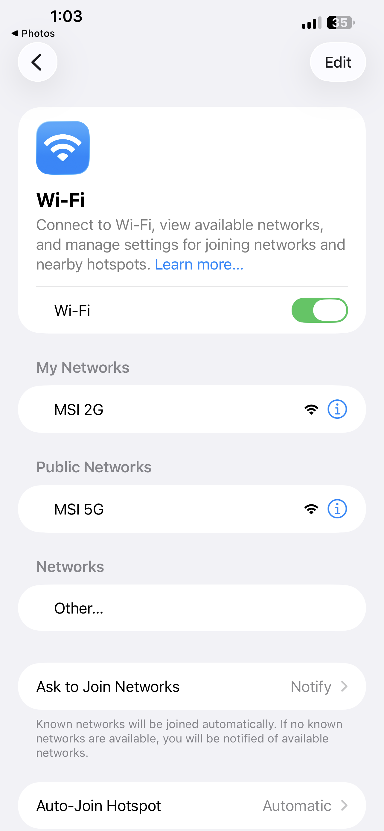 iPhone Wi-Fi settings showing MSI 2G and MSI 5G