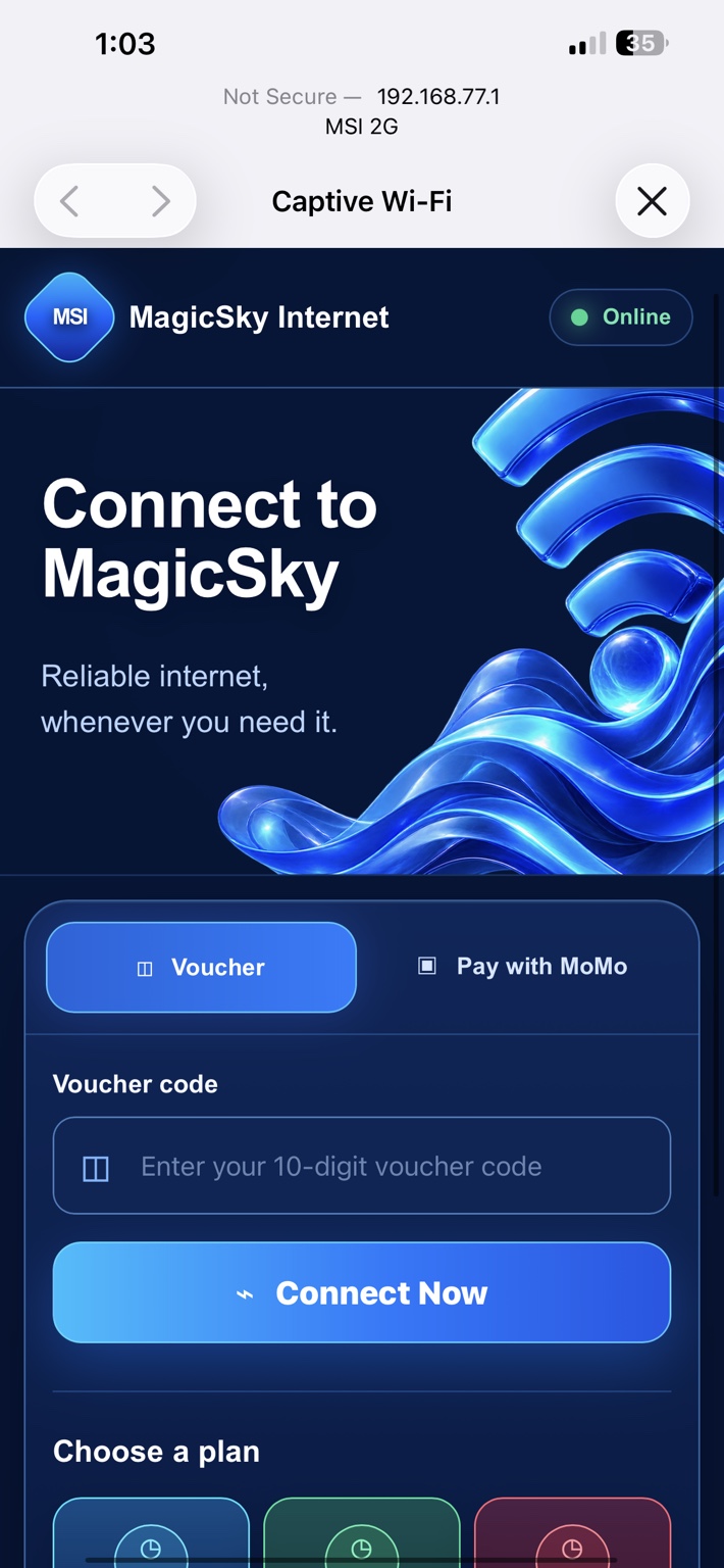 MagicSky captive portal with voucher and Pay with MoMo tabs