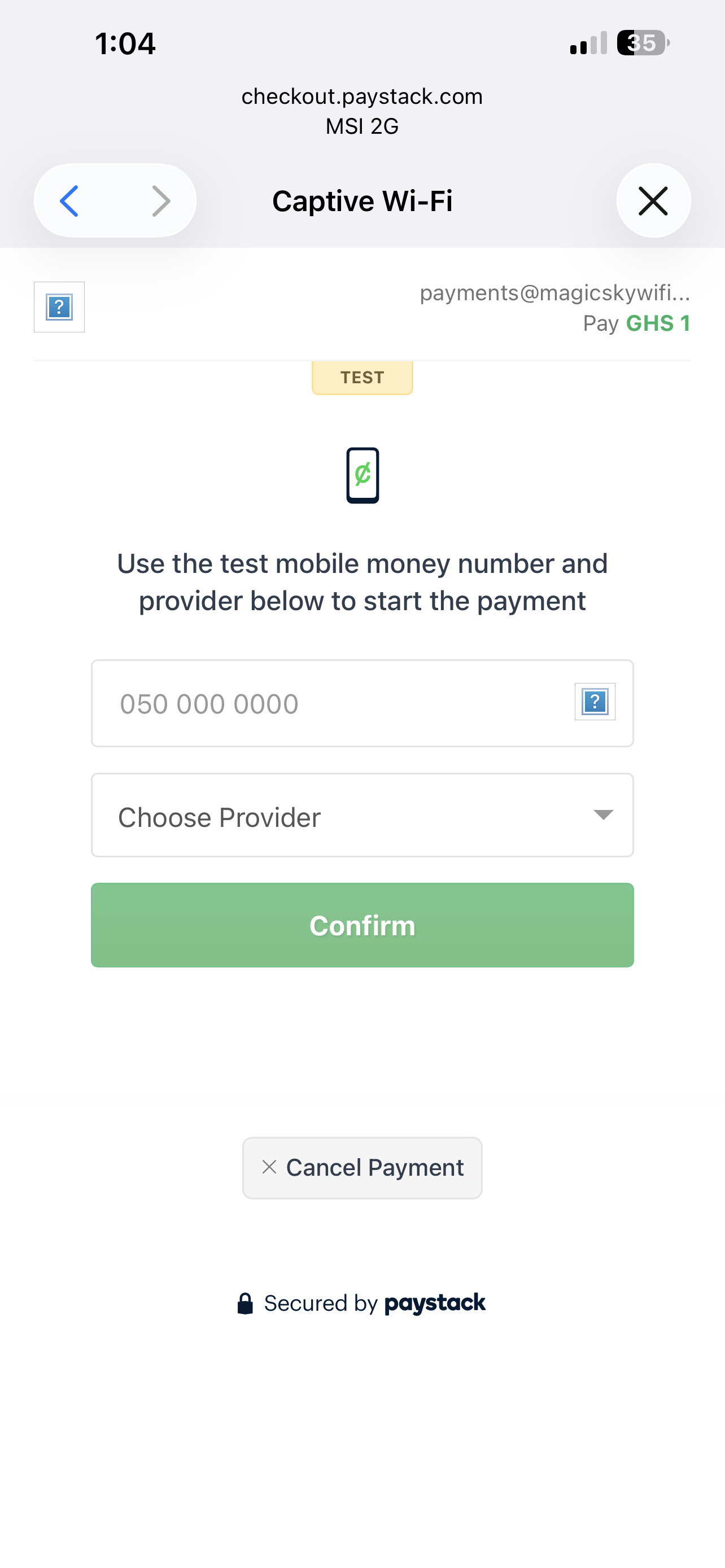 Paystack screen for entering Mobile Money number and provider