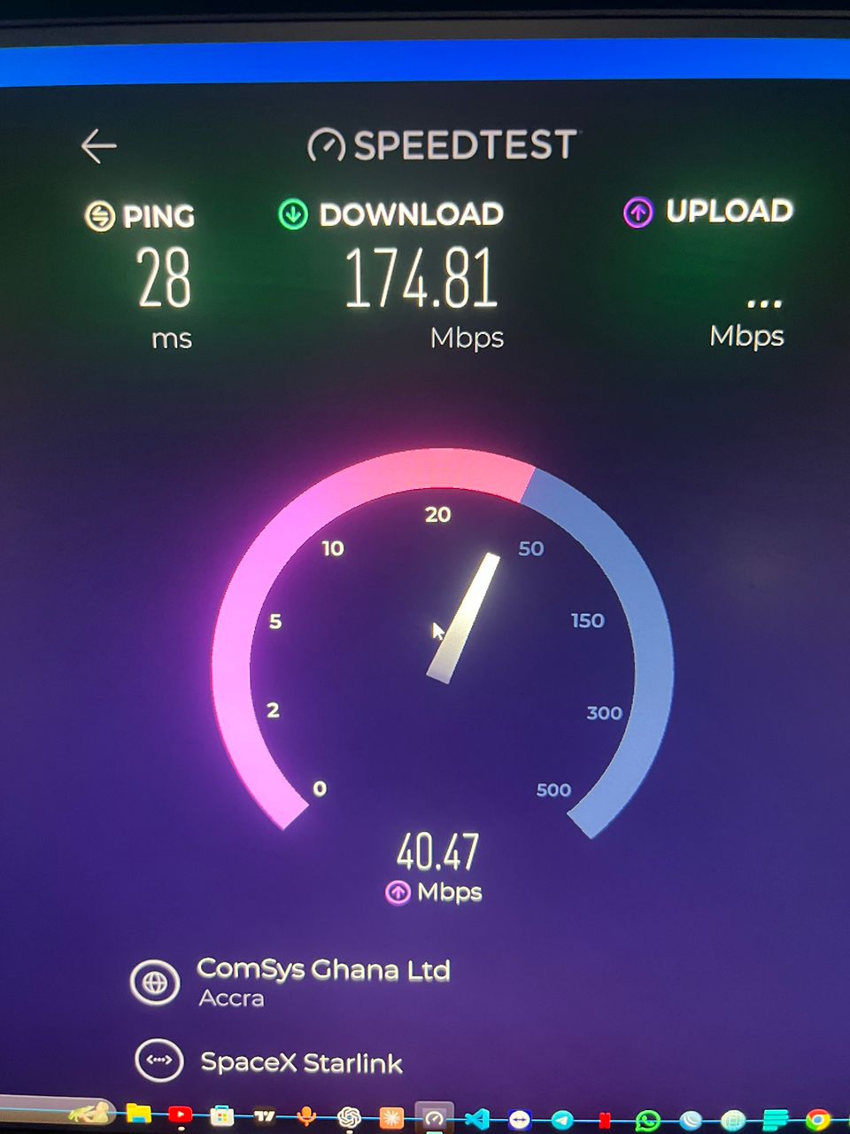 MagicSky speed test showing 174.81 Mbps download and 40.47 Mbps upload