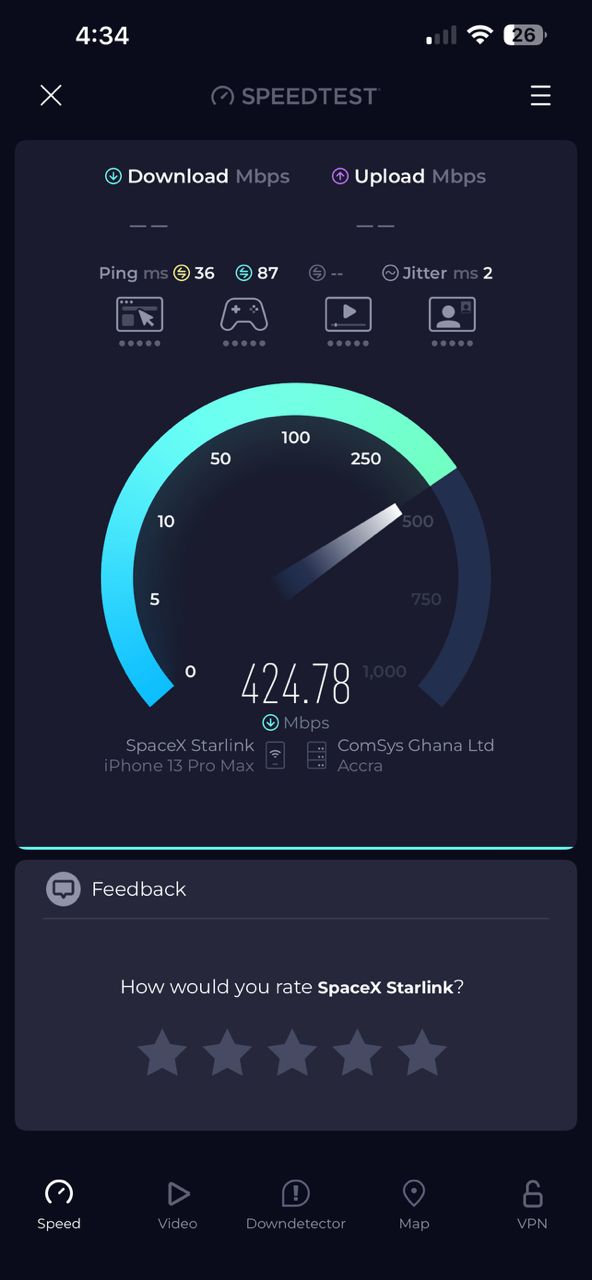 MagicSky speed test showing 424.78 Mbps download